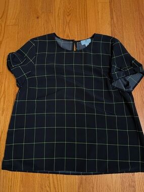 CeCe Navy Blouse with Green Windowpane Grid